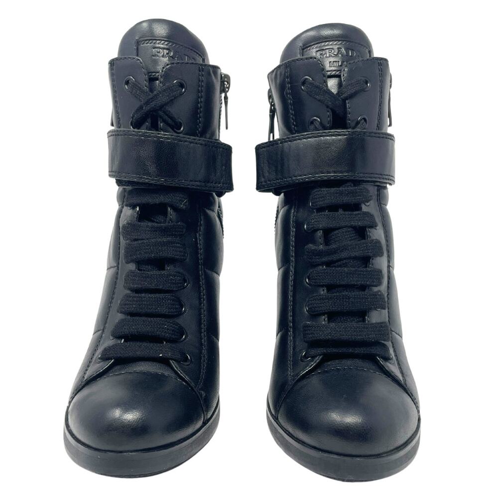 Prada Boots Moto Combat LOGO Ankle Lug Sole Platform Heels‎ Black Shoes 38.5 - Picture 6 of 11